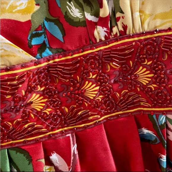 ‧₊˚❀༉ Satin Floral Dress with Yellow Accents and Beading Autumn Fall Colorful - Picture 6 of 15